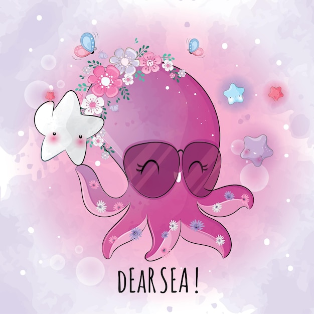 Vettore gratuito simpatico polpo animale con illustrazione di stelle marine illustrazione di sfondo