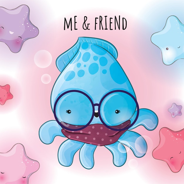 Cute animal octopus with starfish illustrationillustration of background