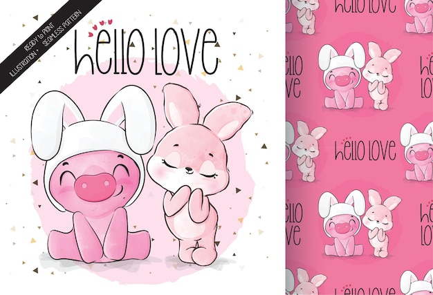 Cute animal pig with pretty bunny seamless pattern