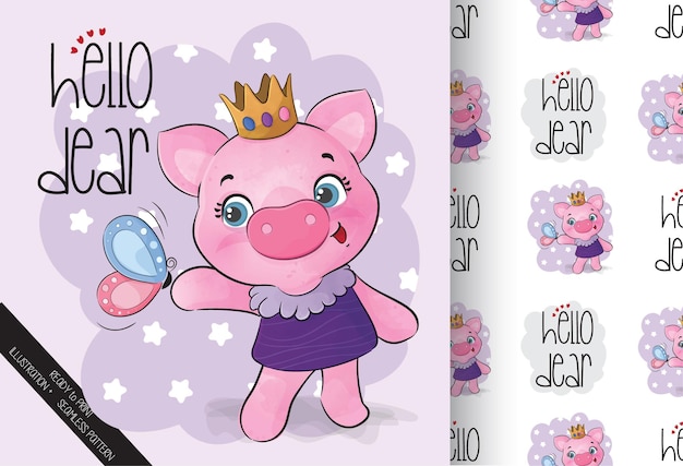 Free vector cute animal princess pig with butterfly seamless pattern