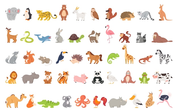 귀여운 동물 농장과 야생 캐릭터로 설정합니다. 고양이와 사자, 코끼리와 원숭이. 동물원 컬렉션. 프리미엄 벡터