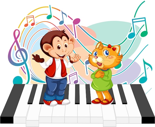 Free vector cute animal sing a song with music notes on piano