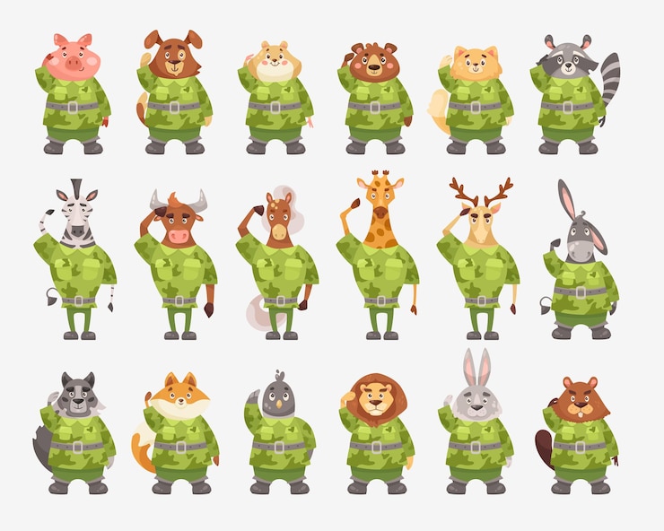 무료 Vector 위장 만화 그림 세트에 귀여운 동물 군인입니다. 심각한 돼지, 개, 기린, 비버, 곰, 얼룩말, 고양이, 군복을 입은 사자 경례 장교. 육군, 동물원, 전사 개념