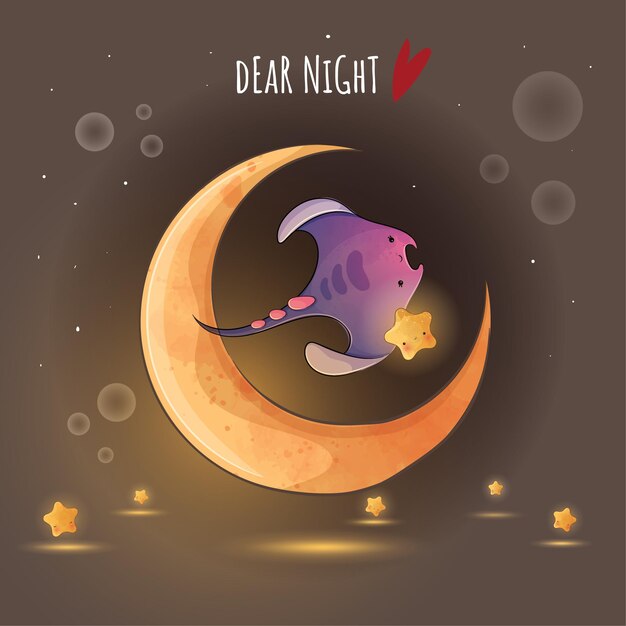 Cute animal stingray on the moon illustrationillustration of background
