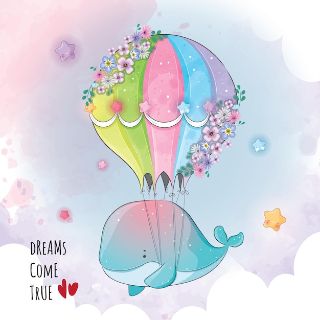 Cute animal whale flying with balloon illustrationIllustration of background