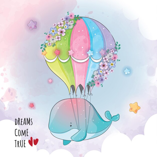 Cute animal whale flying with balloon illustrationIllustration of background