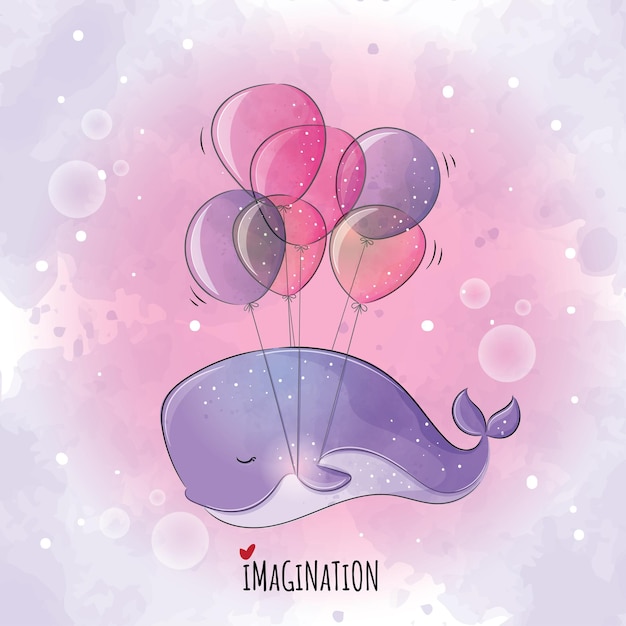 Cute animal whale flying with balloon illustrationillustration of background