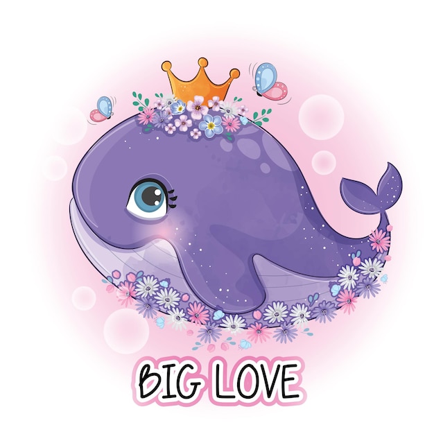 Free vector cute animal whale queen with butterfly illustrationillustration of background