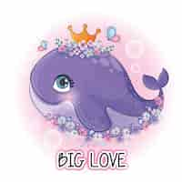 Free vector cute animal whale queen with butterfly illustrationillustration of background