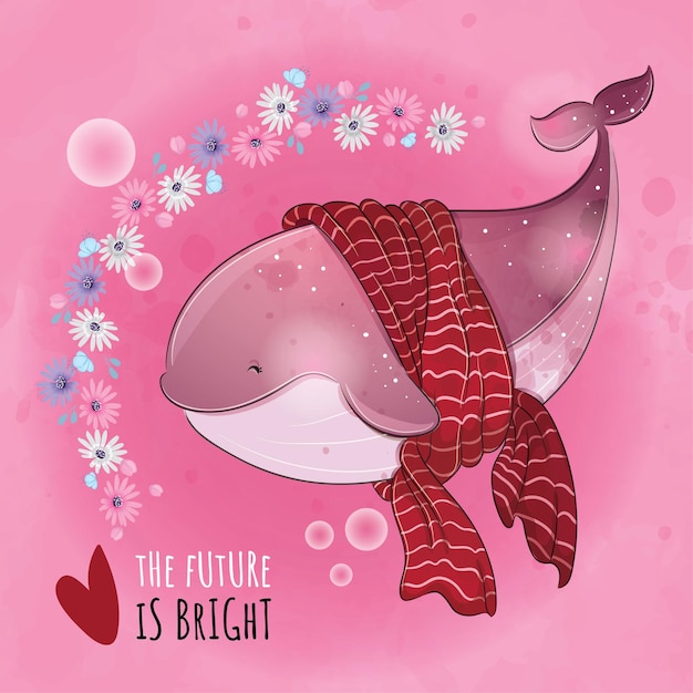 Cute animal whale with red scarf and flower illustrationIllustration of background