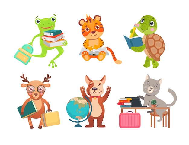 Cute animals characters studying cartoon illustration set