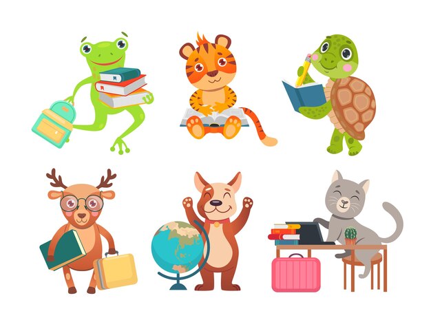 Cute animals characters studying cartoon illustration set