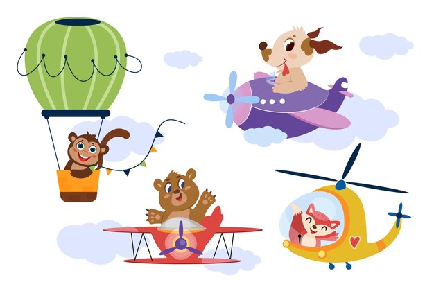 Cute animals driving airplane helicopter and balloon