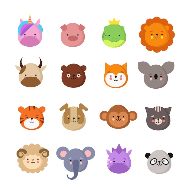 かわいい動物の顔 犬と猫 牛とキツネ ユニコーンとパンダ 動物の子供の絵文字 かわいい動物園ベクトルコレクション プレミアムベクター