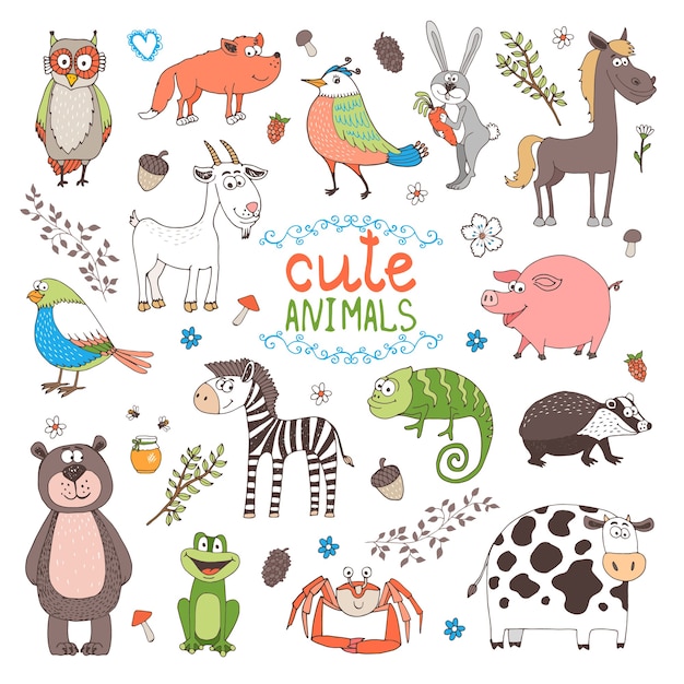 Free vector cute animals isolated on white background