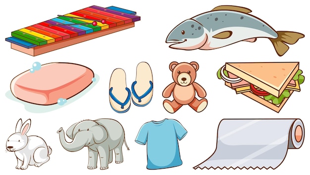 cute animals and other items on white background