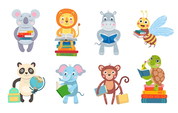 Cute animals reading books cartoon illustration set. Smart bee character holding textbook. Funky elephant, tiger, bear, turtle studying. Education, library concept