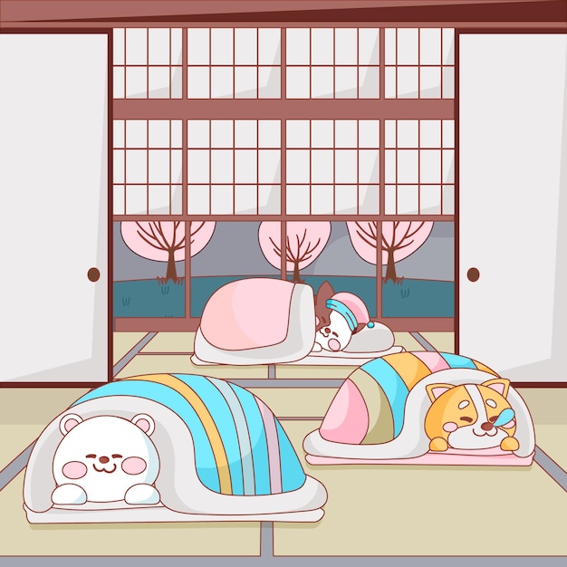 Cute animals sleeping on a futon indoors