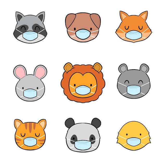 Free vector cute animals wearing face collection