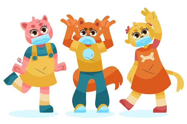 Free vector cute animals wearing face masks concept
