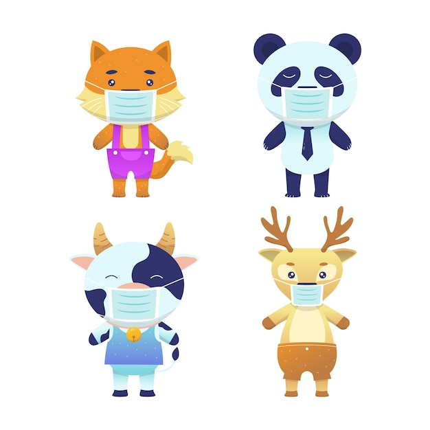 Free vector cute animals wearing face masks set