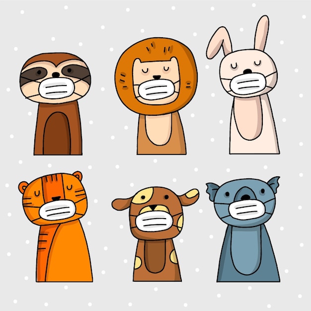 Free vector cute animals wearing face masks