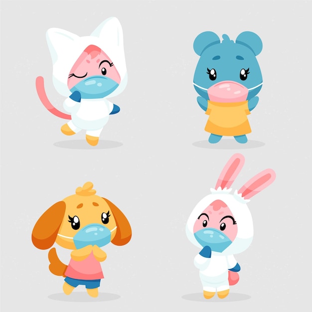 Free vector cute animals wearing face masks