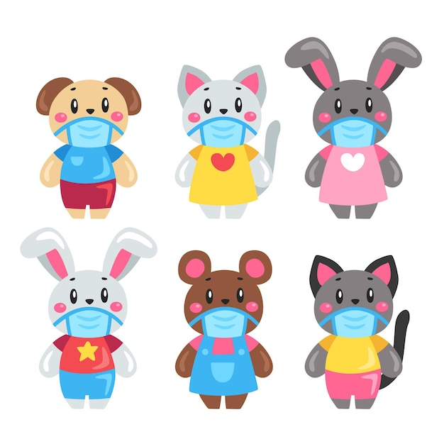 Free vector cute animals wearing face masks