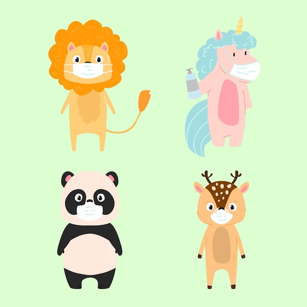 Free vector cute animals wearing face masks