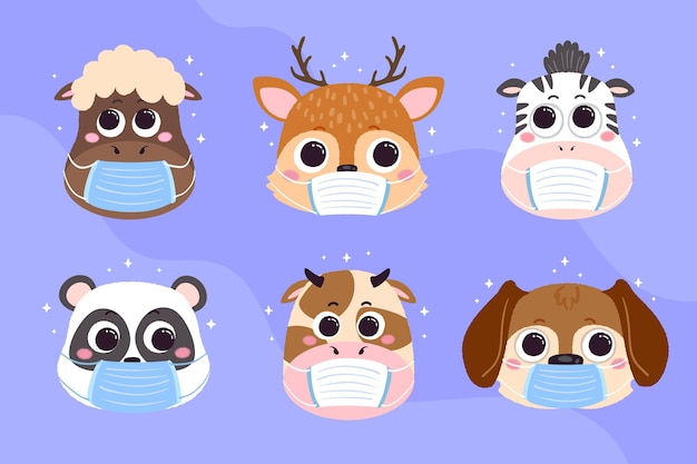 Free vector cute animals wearing face masks