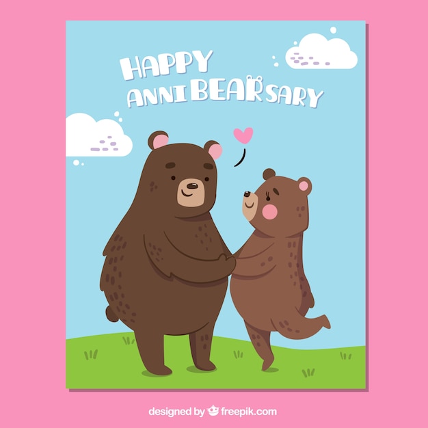 Free vector cute anniversary card with bears