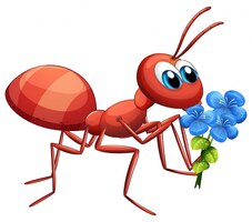 免费矢量可爱的蚂蚁卡通人物拿着蓝花白色背景