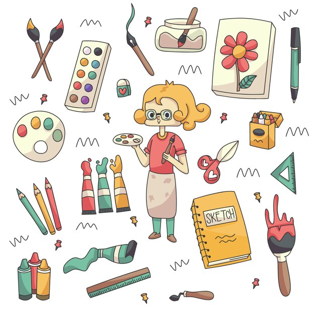 かわいいアーティストと画材の落書きコレクション プレミアムベクター