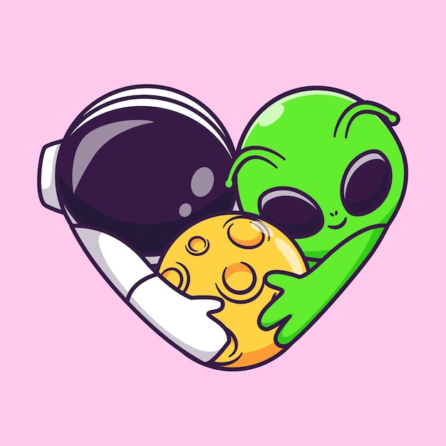 Cute Astronaut And Alien Couple Hug Moon Cartoon Vector Icon Illustration Science Technology Icon