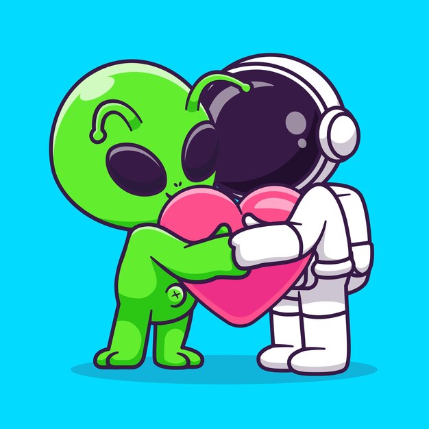 Cute Astronaut And Alien Hug Love Heart Cartoon Vector Icon Illustration Science Technology Icon