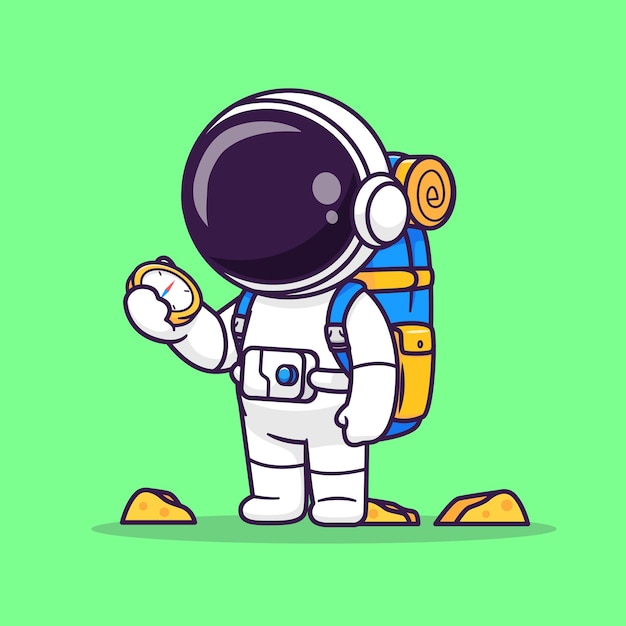 Free vector cute astronaut backpacker with compass cartoon vector icon illustration science nature isolated