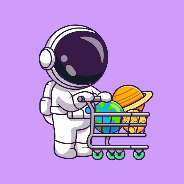 Free vector cute astronaut bring planet earth moon on trolley cartoon vector icon illustration. science techno