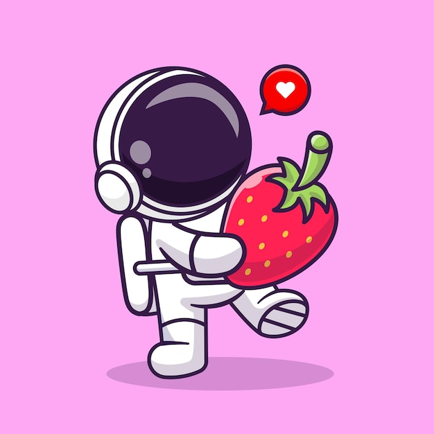 かわいい宇宙飛行士がイチゴをもたらすフルーツ漫画ベクトルアイコンイラスト科学食品アイコンコンセプト