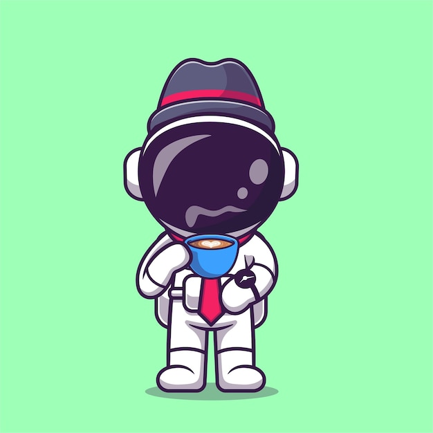 Cute astronaut businessman drinking hot coffee cartoon vector icon illustration science drink flat