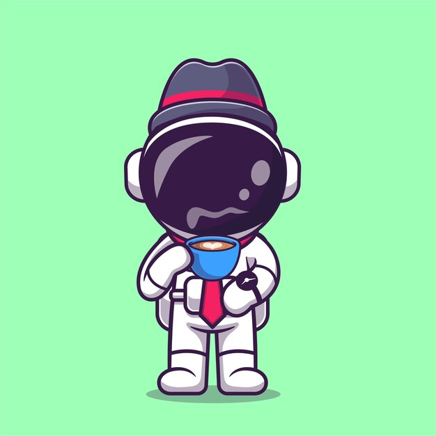 Cute Astronaut Businessman Drinking Hot Coffee Cartoon Vector Icon Illustration Science Drink Flat