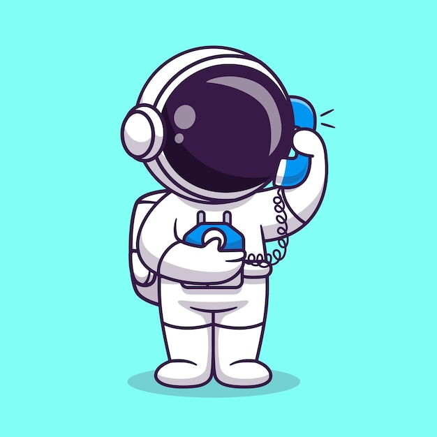 Cute astronaut calling with landline phone cartoon vector icon illustration. science technology icon