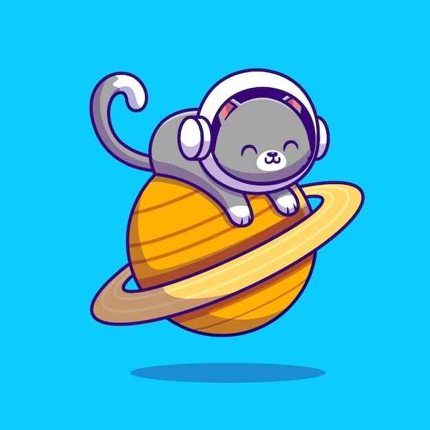 Cute Astronaut Cat Lying On Planet. Animal Space