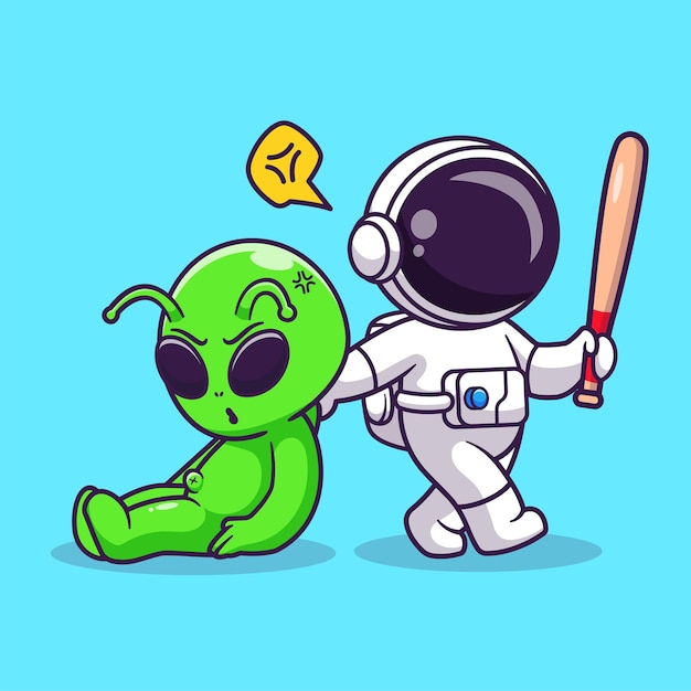 Vettore gratuito astronauta sveglio che cattura alieno con l'illustrazione dell'icona di vettore del fumetto della mazza da baseball. tecnologia scientifica