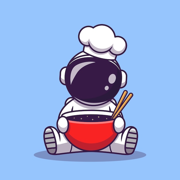 かわいい宇宙飛行士シェフ料理漫画イラスト。科学食品アイコンの概念。フラット漫画スタイル
