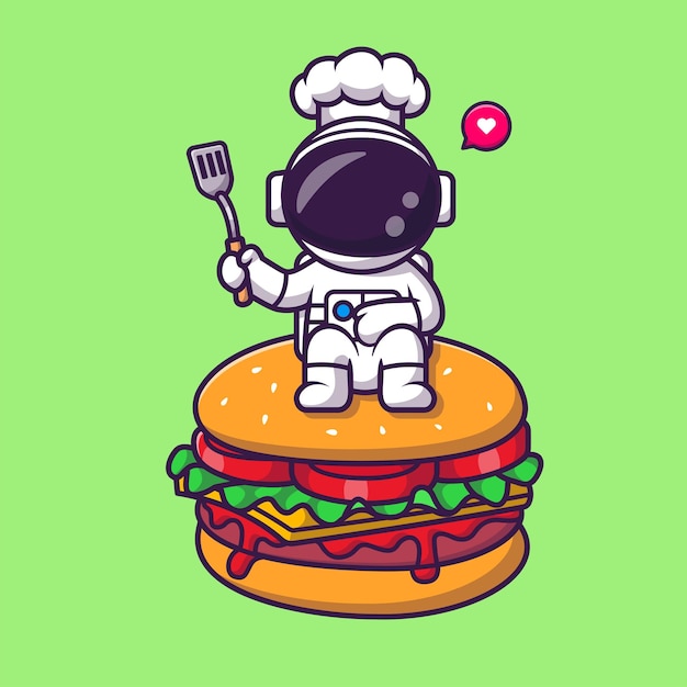 無料ベクター かわいい宇宙飛行士シェフ ハンバーガー漫画ベクトル アイコン イラスト科学食品アイコンにへらを保持