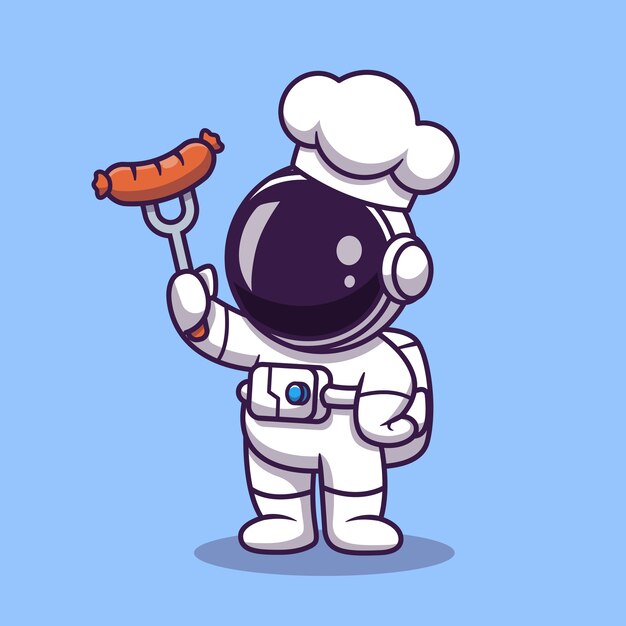 그릴 소시지 만화 일러스트와 함께 귀여운 우주 비행사 요리사. 과학 식품 개념. 플랫 만화 스타일
