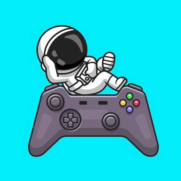 Симпатичный астронавт расслабление на игровом контроллере мультяшный вектор значок иллюстрации. Концепция технологии науки значок изолированные Premium векторы. Плоский мультяшном стиле
