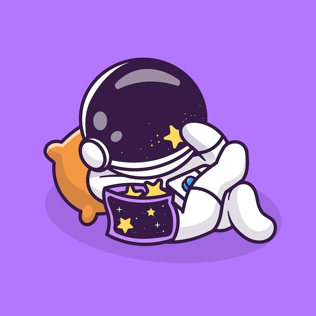 Милый астронавт холод с едой звезды закуски мультфильм вектор значок иллюстрации науки и техники