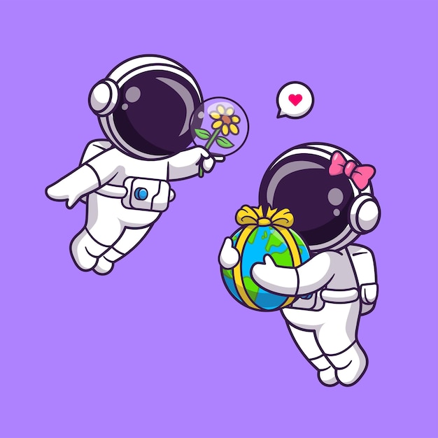 Vettore gratuito coppia di astronauti carini che tengono fiore e globo terrestre regalo fumetto icona vettore illustrazione scienza