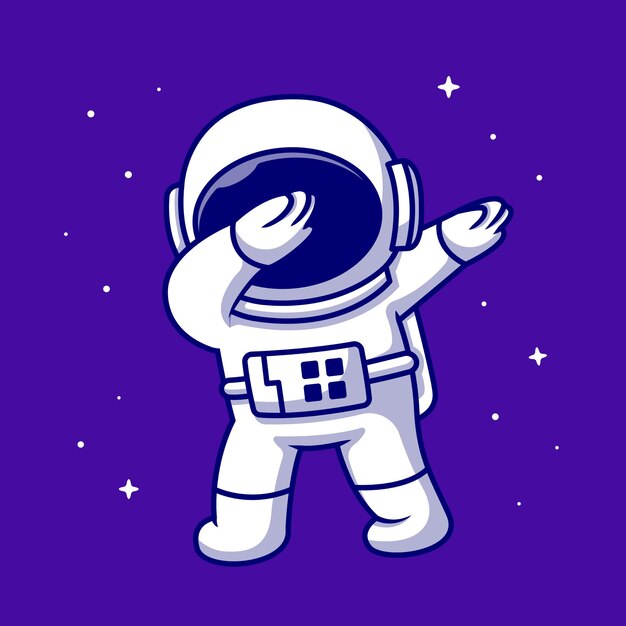 かわいい宇宙飛行士軽くたたく漫画アイコンイラスト。分離された宇宙科学アイコン。フラット漫画スタイル